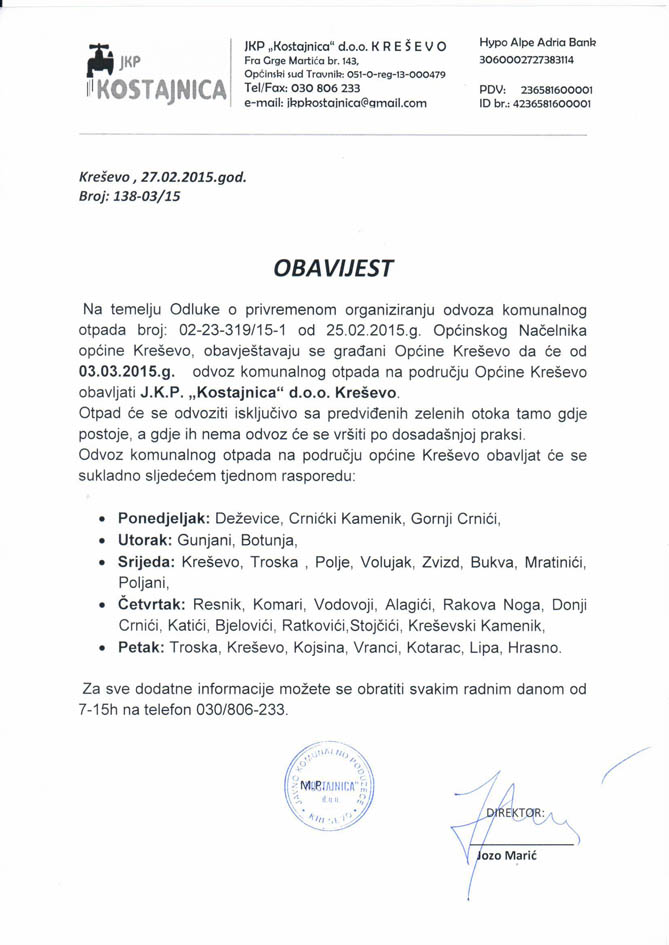 Obavijest JKP "Kostajnica" o odvozu komunalnog otpada